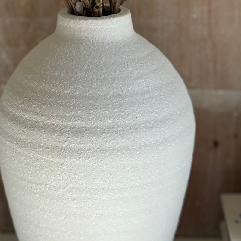 Lightly Textured Slim White Terracotta Vase