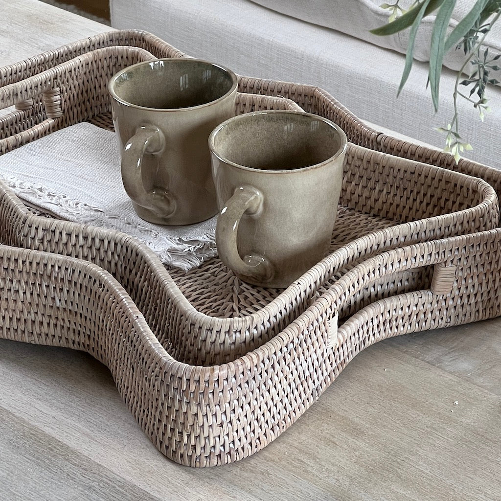 Whitewashed Rattan Scallop Rectangular Trays