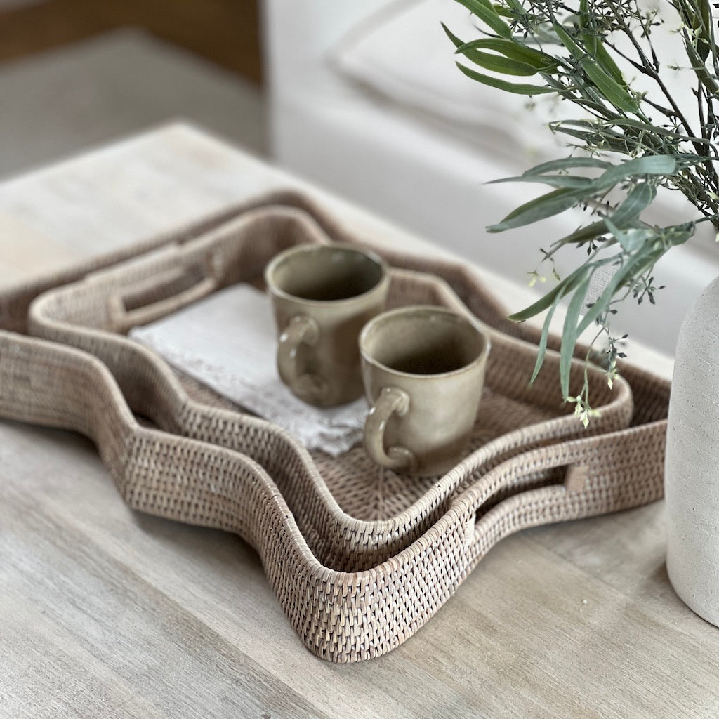 Whitewashed Rattan Scallop Rectangular Trays
