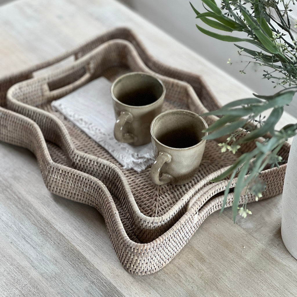 Whitewashed Rattan Scallop Rectangular Trays