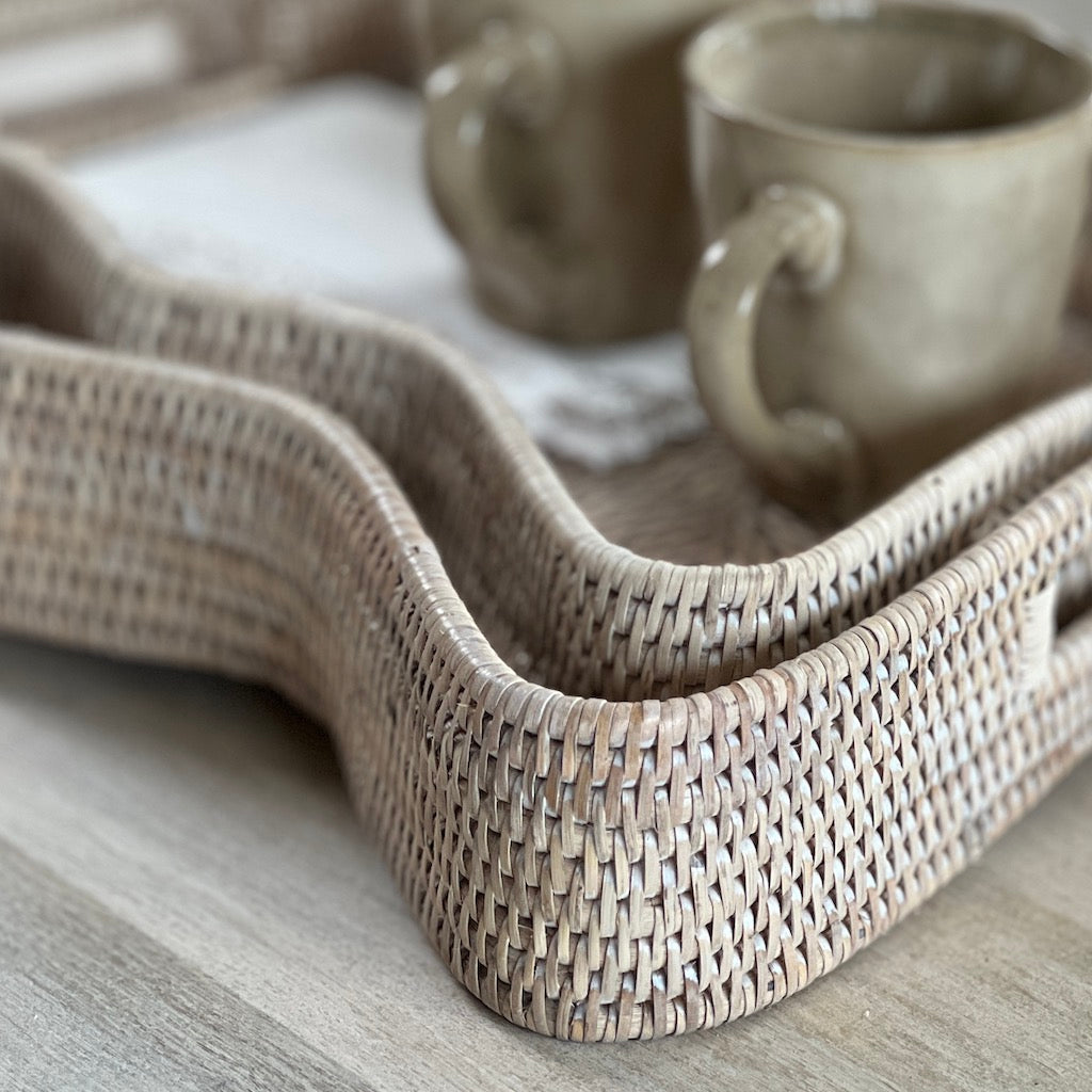 Whitewashed Rattan Scallop Rectangular Trays