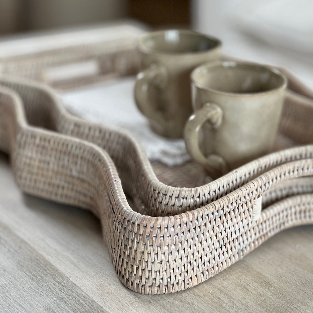 Whitewashed Rattan Scallop Rectangular Trays