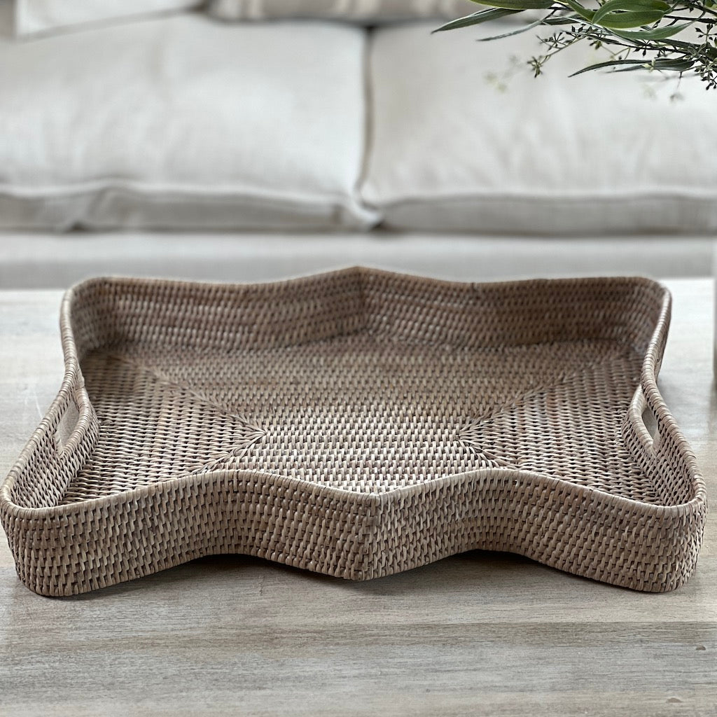Whitewashed Rattan Scallop Rectangular Trays Large