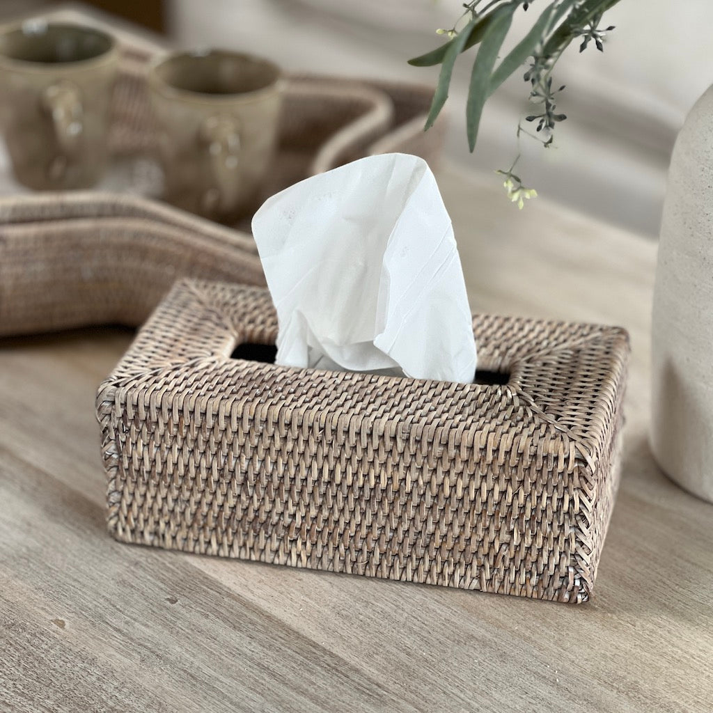 Whitewashed Rattan Rectangular Tissue Box