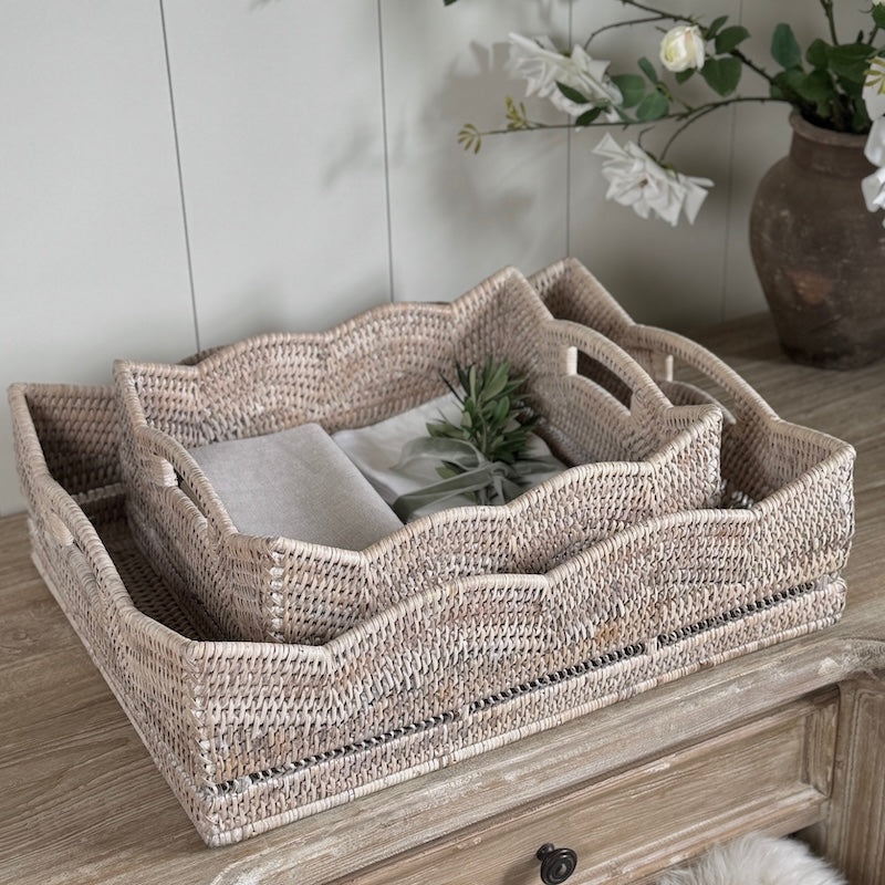 Rattan Scallop Rectangle Basket Whitewash