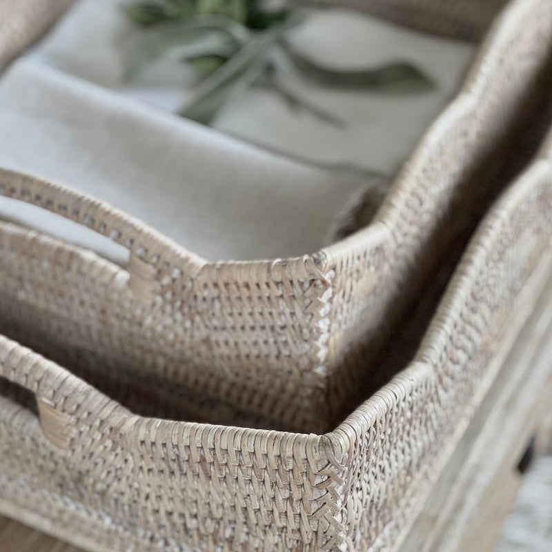 Rattan Scallop Rectangle Basket Whitewash