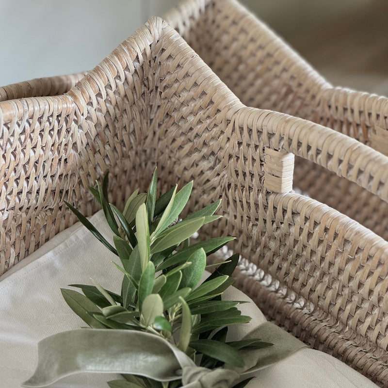 Rattan Scallop Rectangle Basket Whitewash