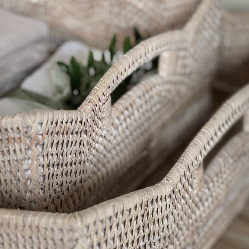 Rattan Scallop Rectangle Basket Whitewash