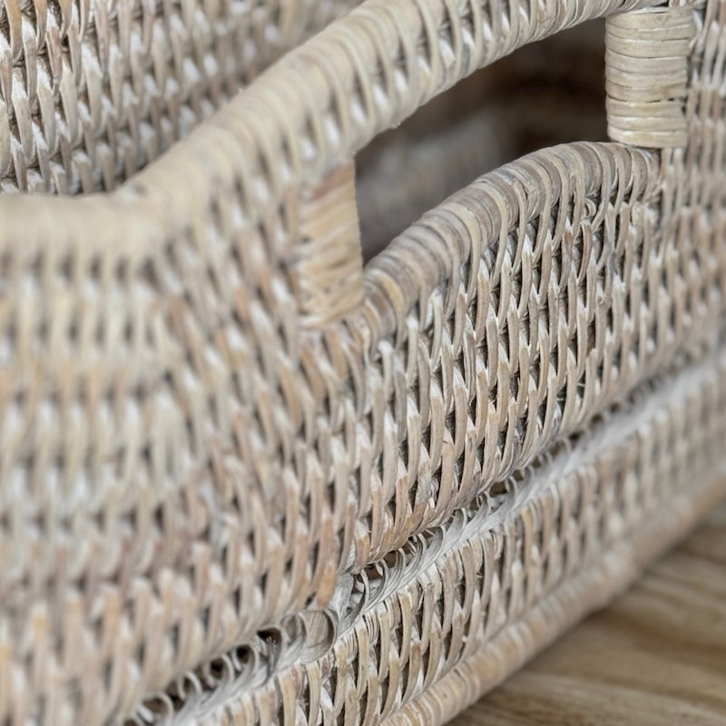 Rattan Scallop Rectangle Basket Whitewash