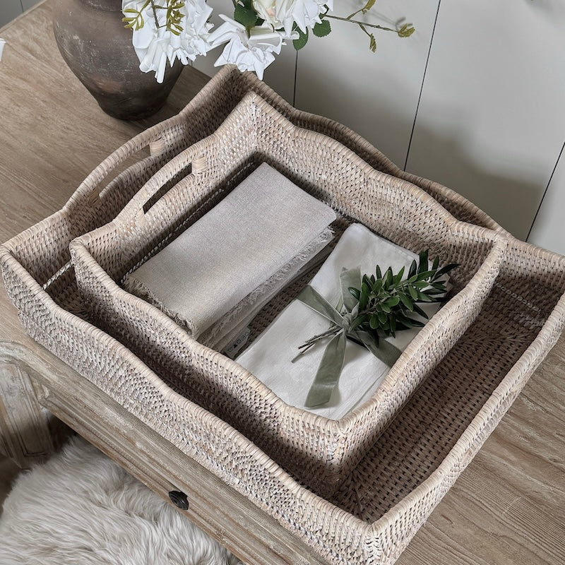 Rattan Scallop Rectangle Basket Whitewash