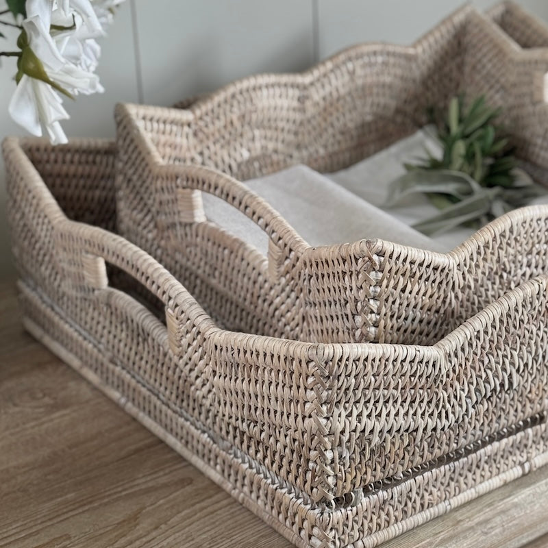 Rattan Scallop Rectangle Basket Whitewash
