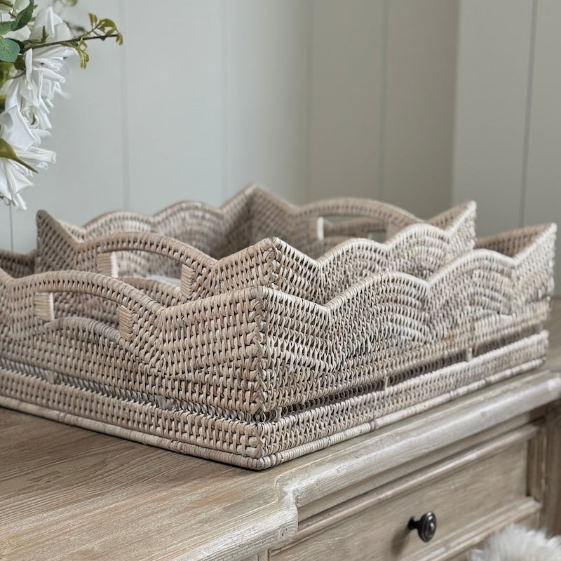 Rattan Scallop Rectangle Basket Whitewash