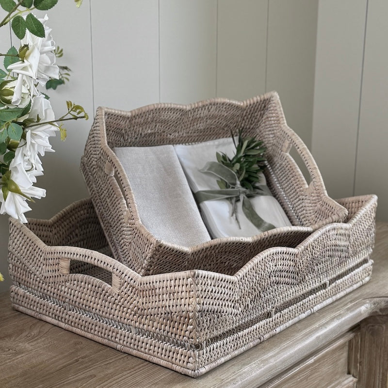 Rattan Scallop Rectangle Basket Whitewash
