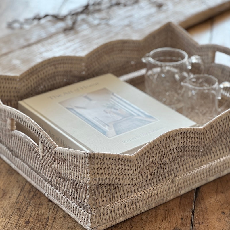 Rattan Scallop Rectangle Basket Whitewash