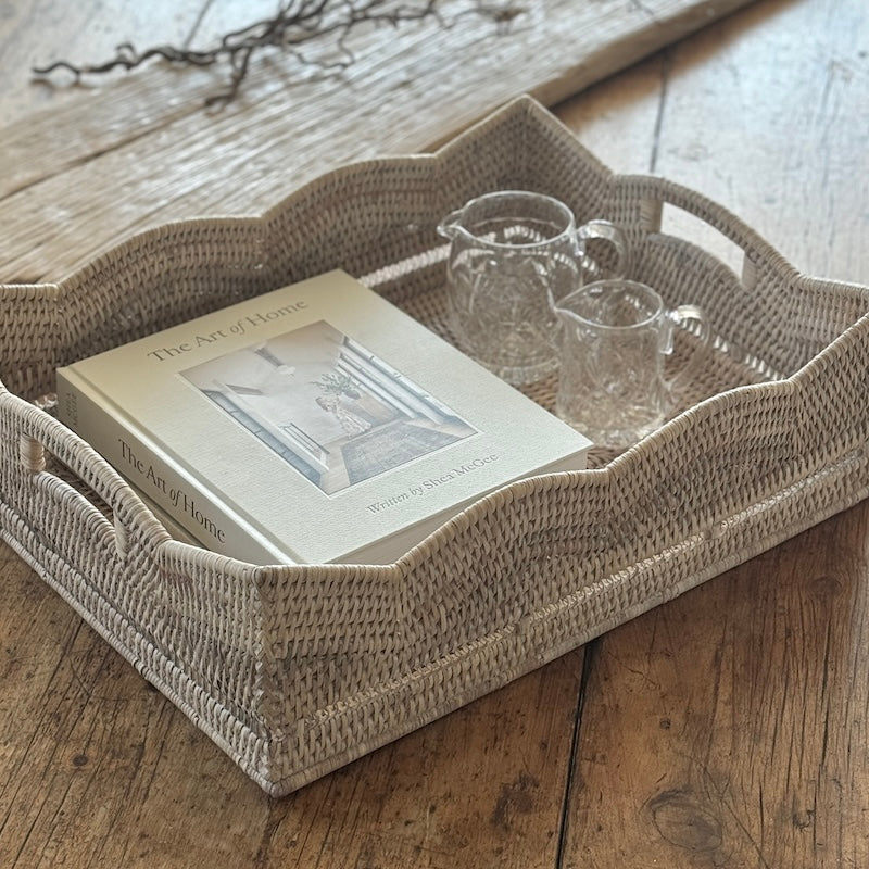 Rattan Scallop Rectangle Basket Whitewash