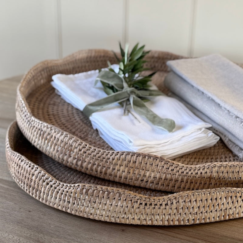 Rattan Scallop Oval Tray Whitewash