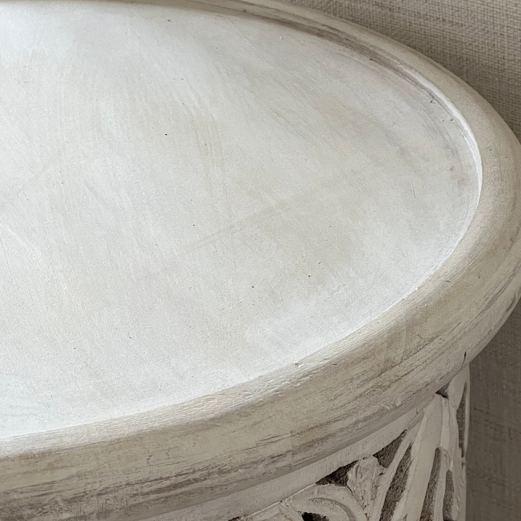 Carved Whitewashed Wooden Planter Stool Table