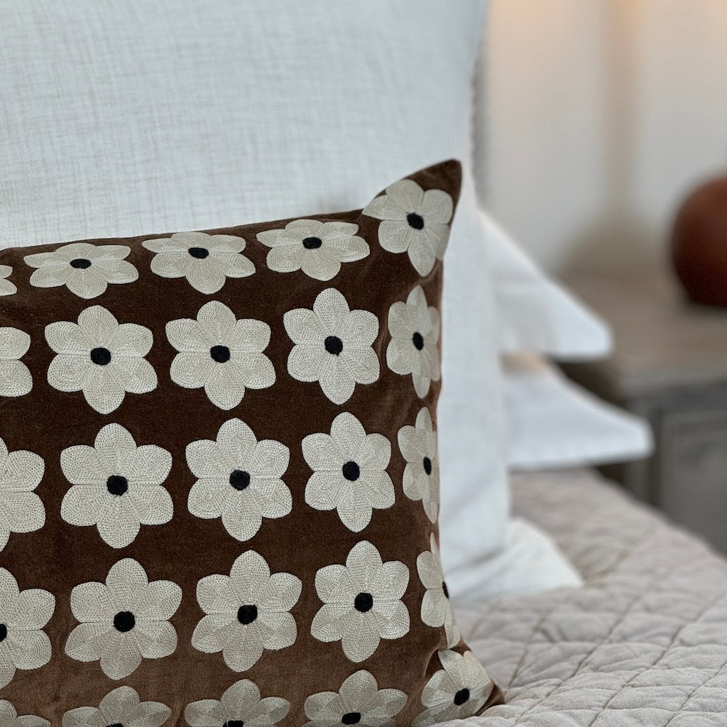 Embroidered Daisy Velvet Cushion Cover