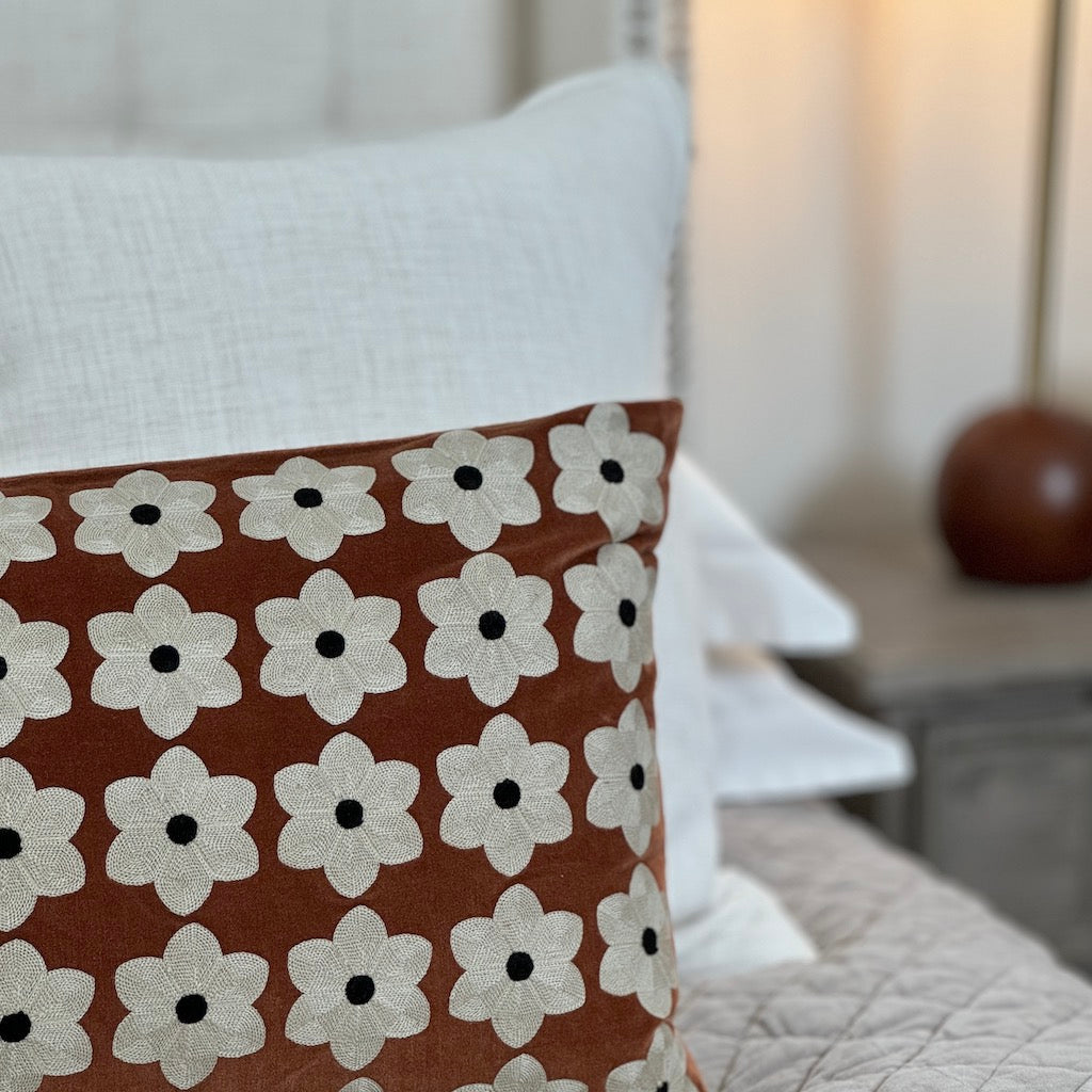 Embroidered Daisy Velvet Cushion Cover