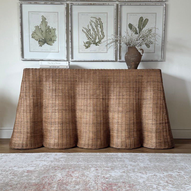 Large Rattan Scalloped Console Table Natural Matt