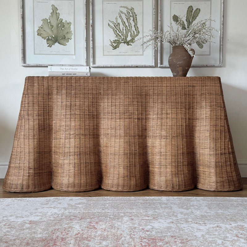 Large Rattan Scalloped Console Table Natural Matt