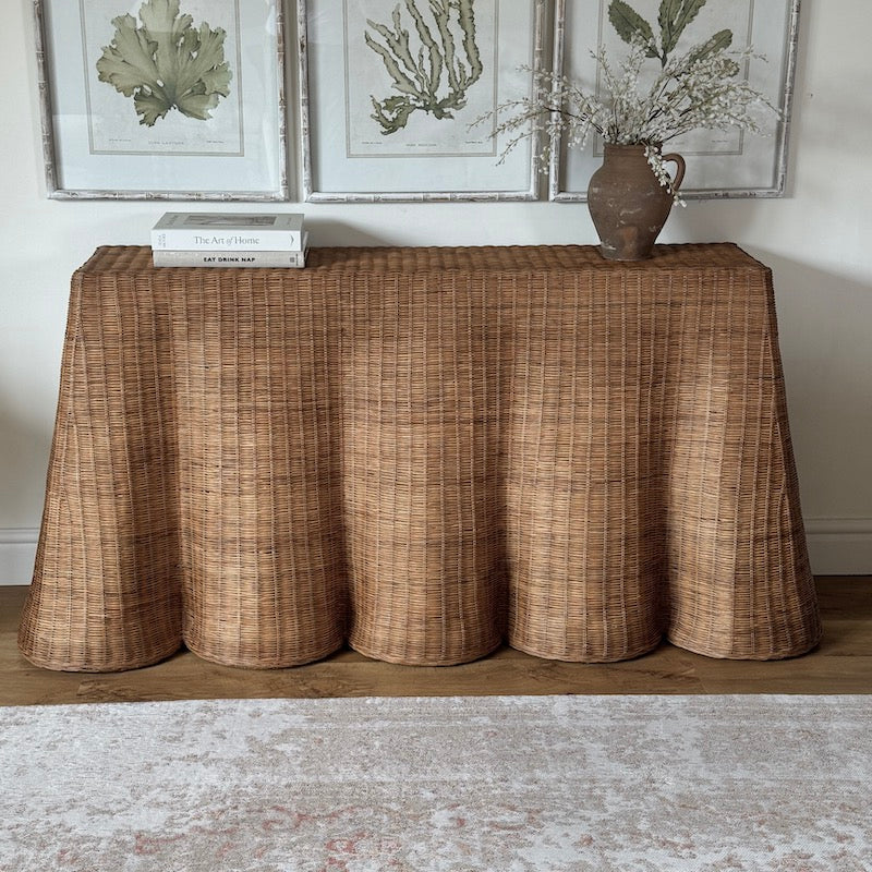 Large Rattan Scalloped Console Table Natural Matt