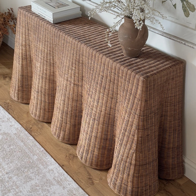Large Rattan Scalloped Console Table Natural Matt
