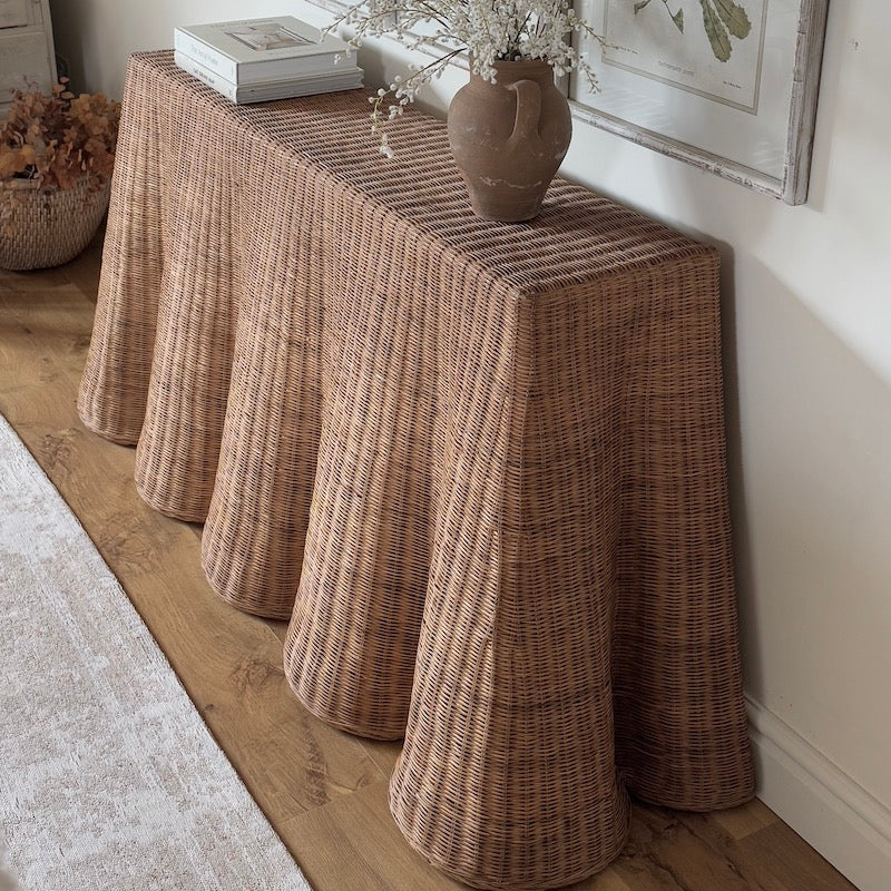 Large Rattan Scalloped Console Table Natural Matt