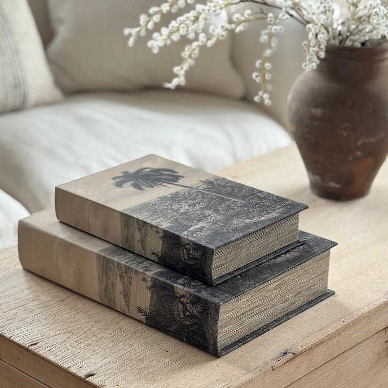 Vintage Look Palm Tree Decorative Book Boxes Set 2
