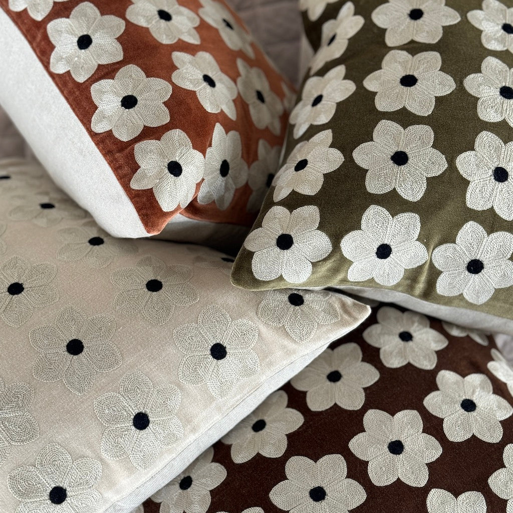 Embroidered Daisy Velvet Cushion Cover