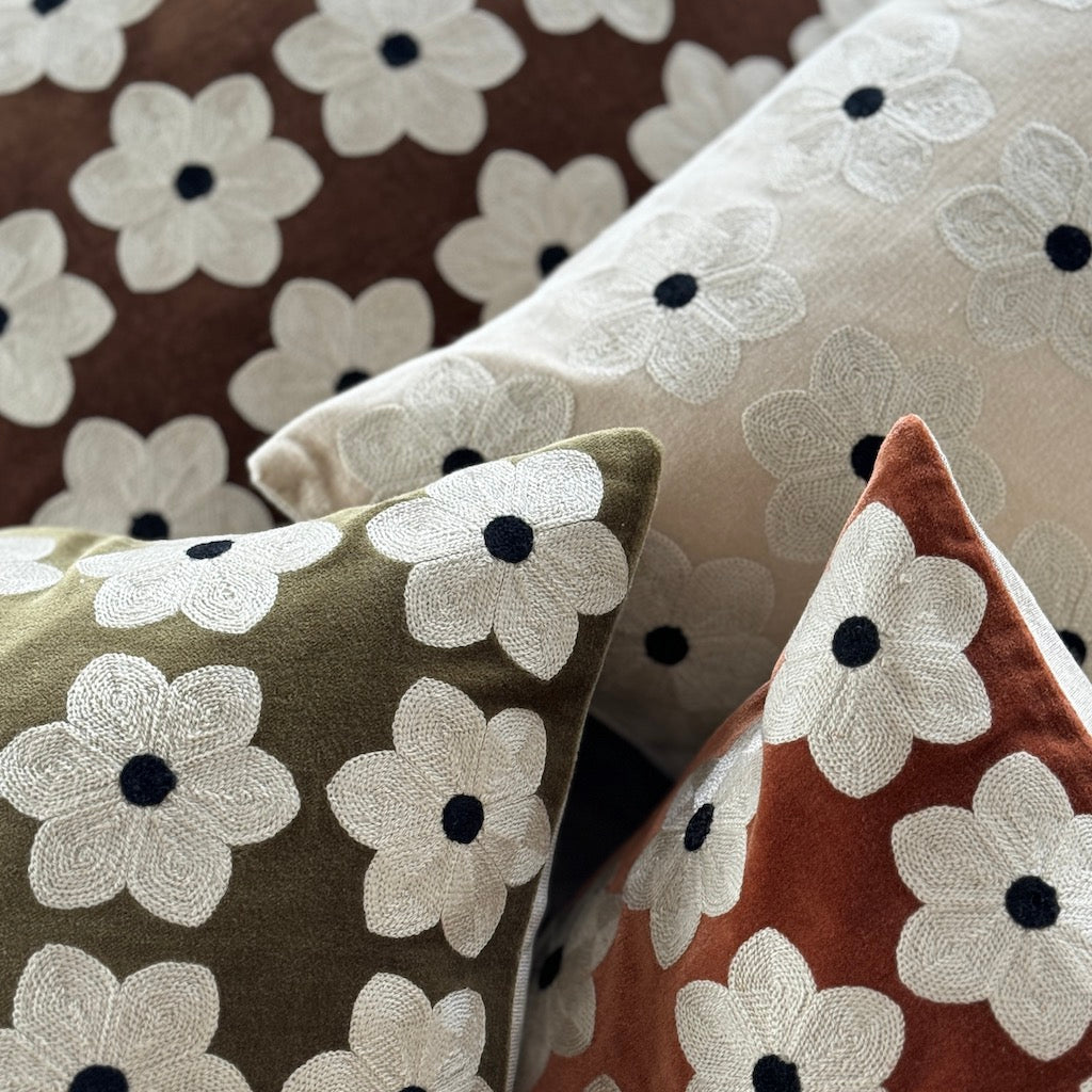 Embroidered Daisy Velvet Cushion Cover