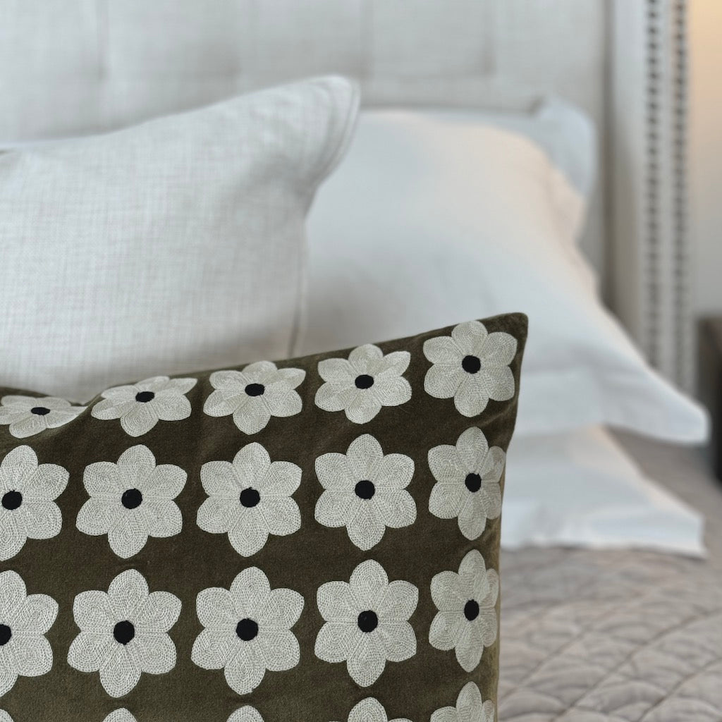 Embroidered Daisy Velvet Cushion Cover