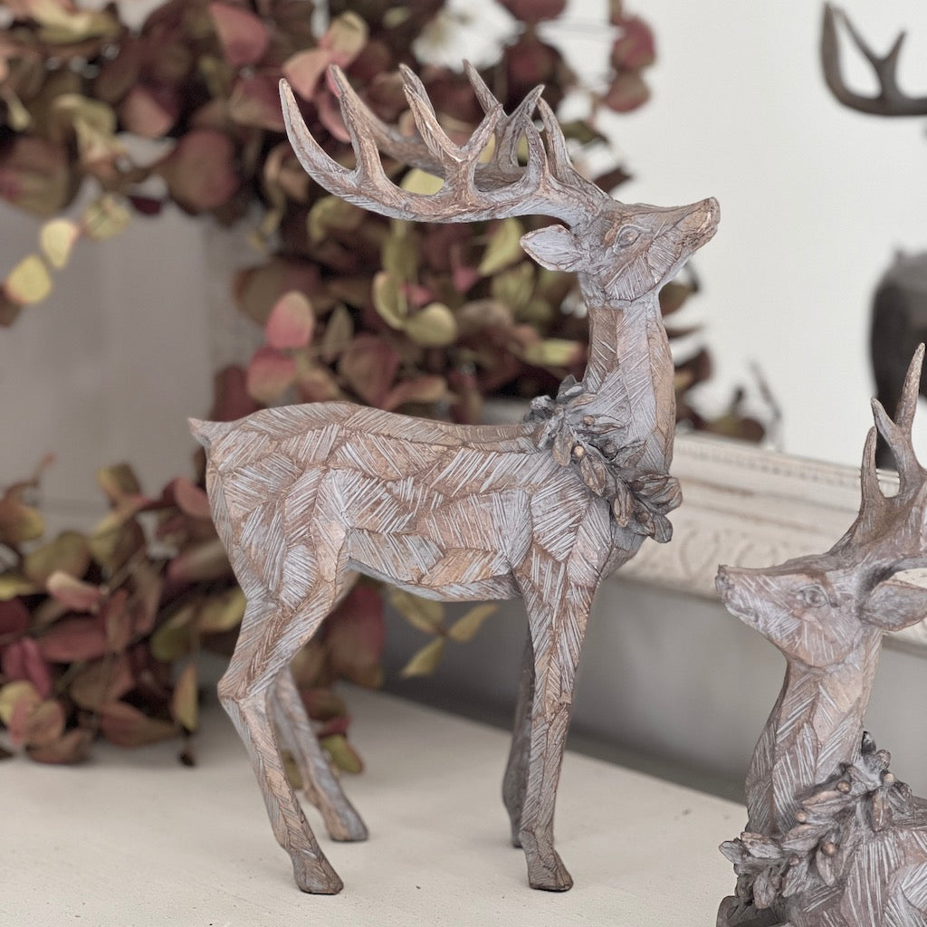 Standing and Sitting Wood Effect Reindeer