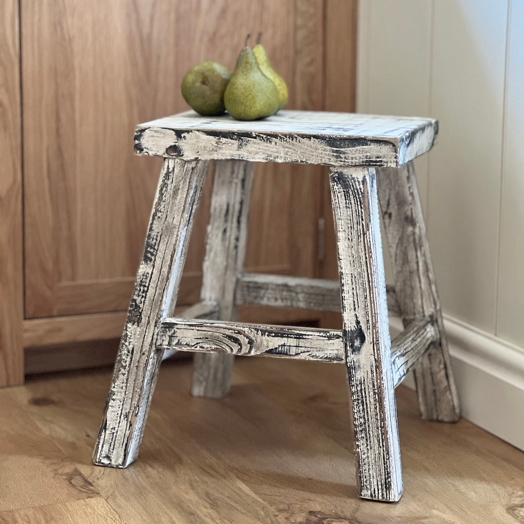 Wooden Stool Whitewash Paint Effect