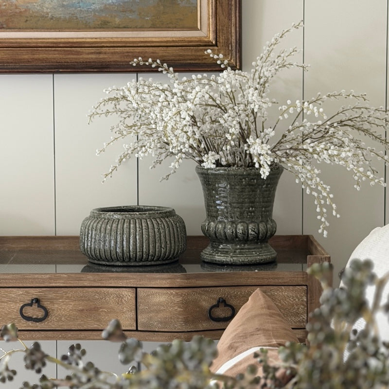 Aldsworth Ribbed Stone Bowl & Fluted Stone Vase