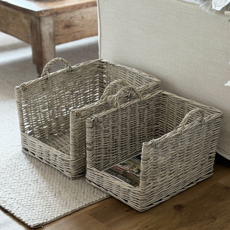 Light Wash Wicker Log Baskets with Handles