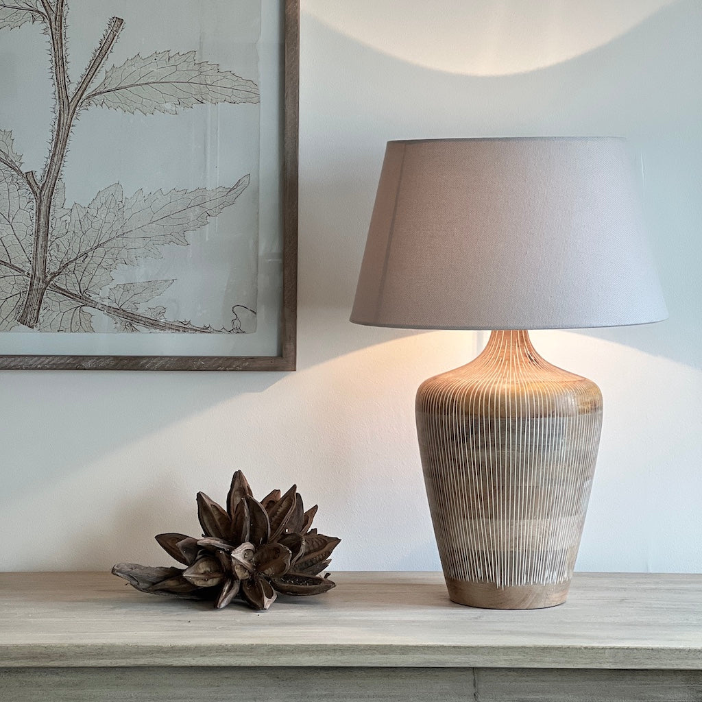 Grooved White Wash Tall Wood Table Lamp