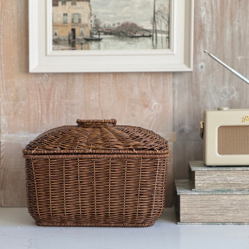 Rustic Style Faux Rattan Lidded Basket