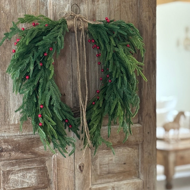 Large Red Berries Green Spruce Heart Shaped Wreath - 61cm