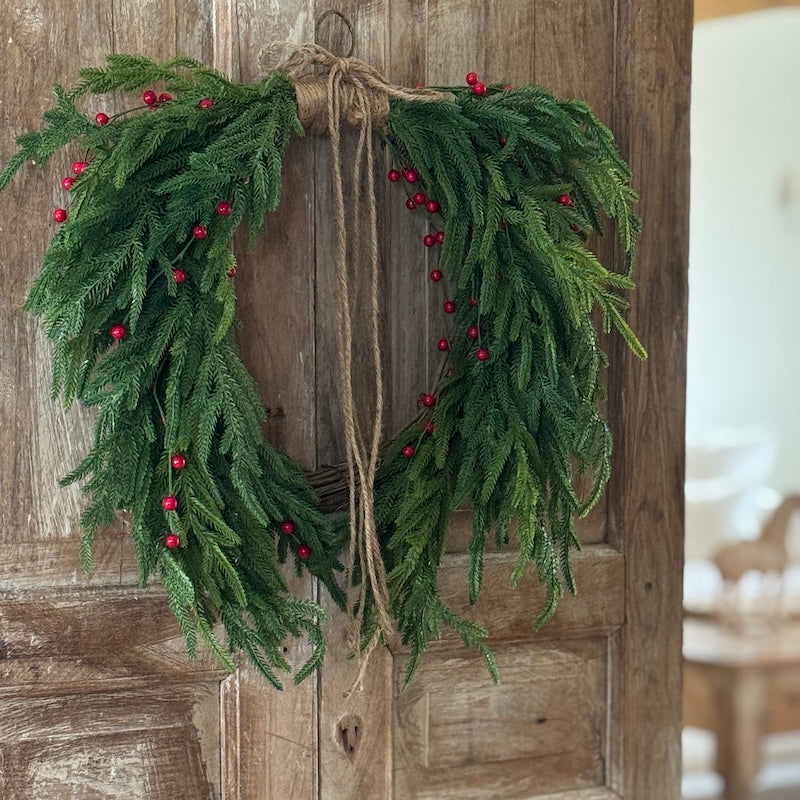 Large Red Berries Green Spruce Heart Shaped Wreath - 61cm