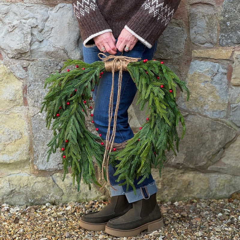 Large Red Berries Green Spruce Heart Shaped Wreath - 61cm