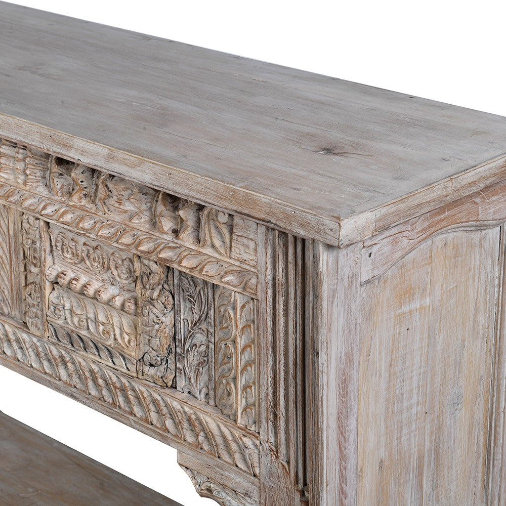 Indian White Washed Carved Console With Shelf