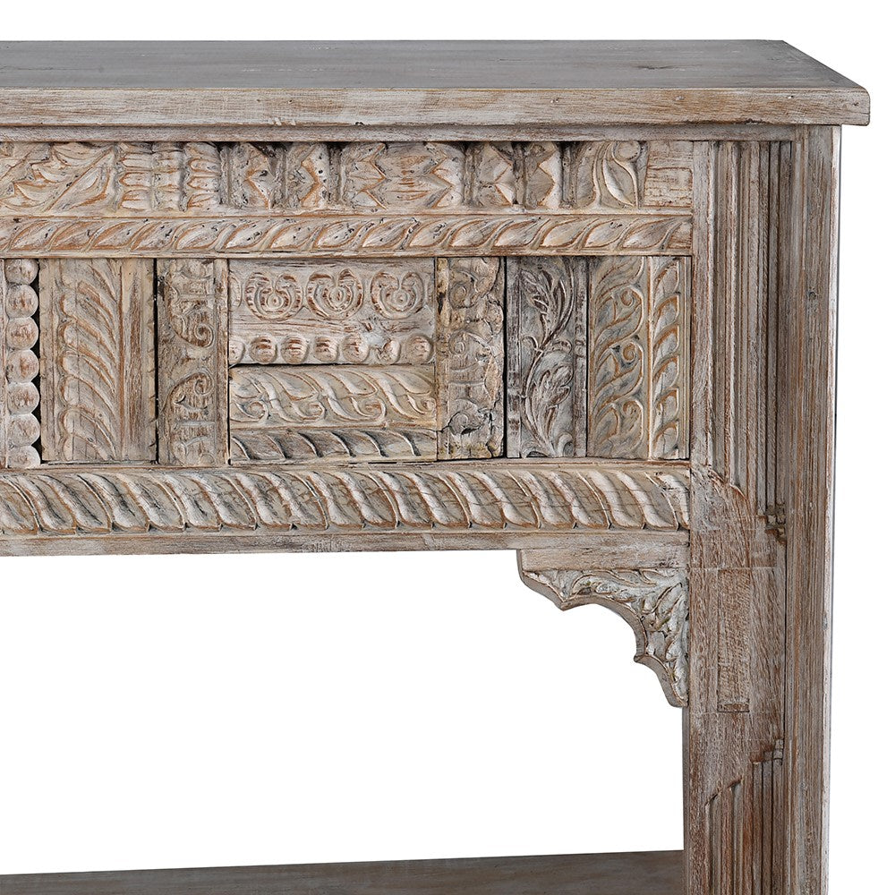 Indian White Washed Carved Console With Shelf