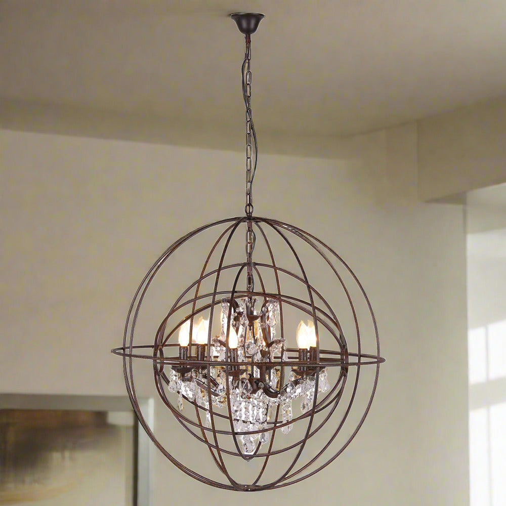 Large Round Metal Foucaults Double Orb Chandelier Crystal Droplets