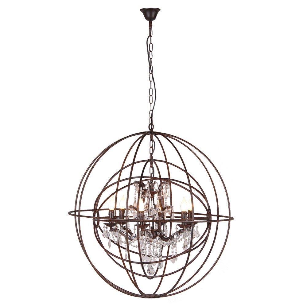Large Round Metal Foucaults Double Orb Chandelier Crystal Droplets