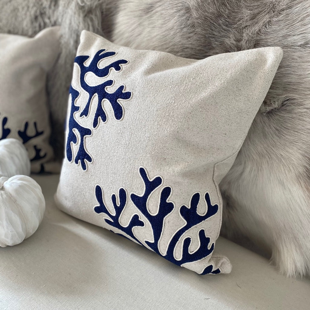 The Hamptons Blue And White Coral Pattern  Cushion Cover