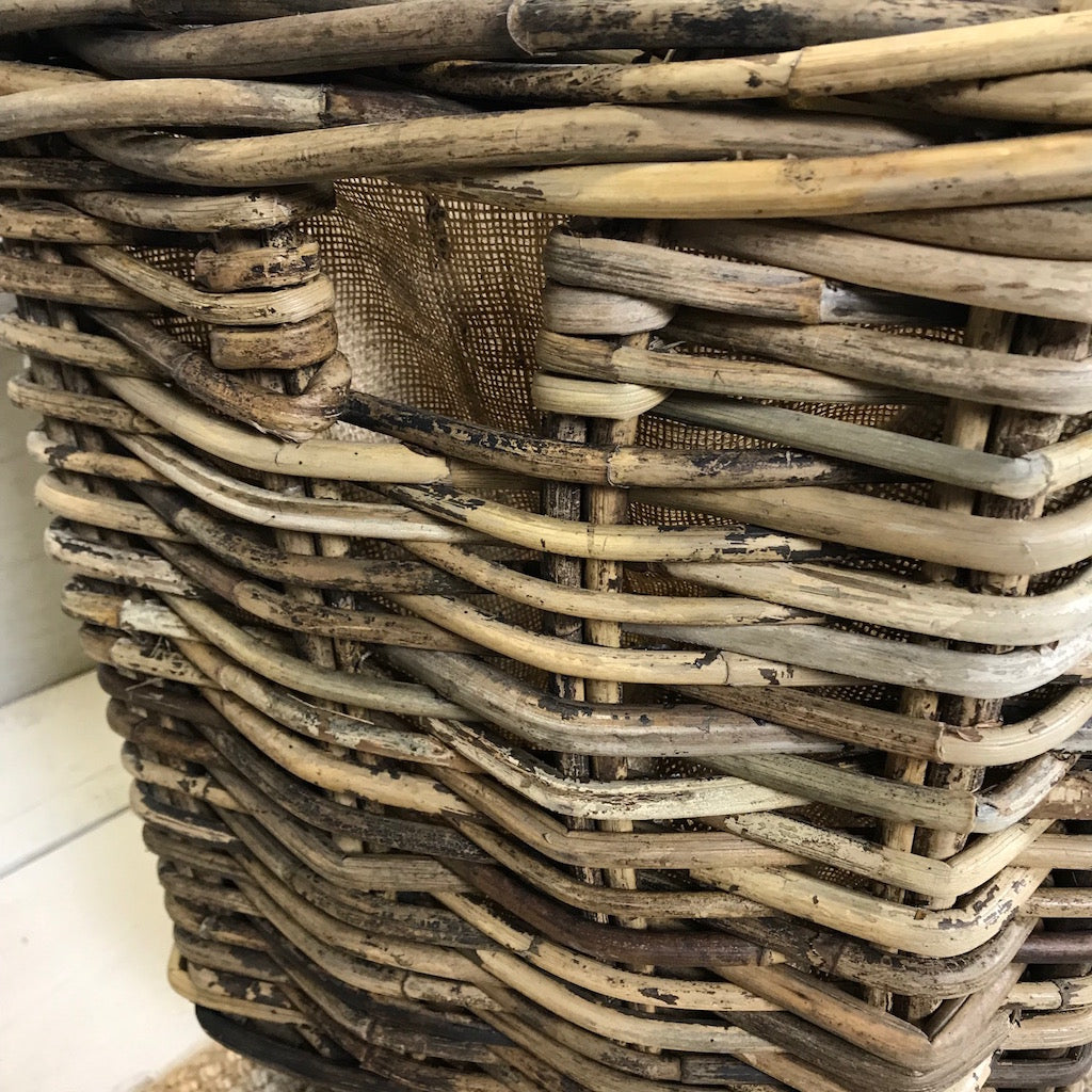 Large Rectangular Wicker Log Toy Basket Wheels Removable Hessian Liner