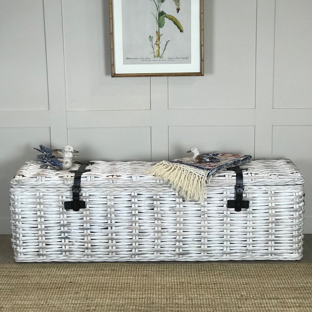 Handcrafted White Large Trunk Ottoman Storage Bench
