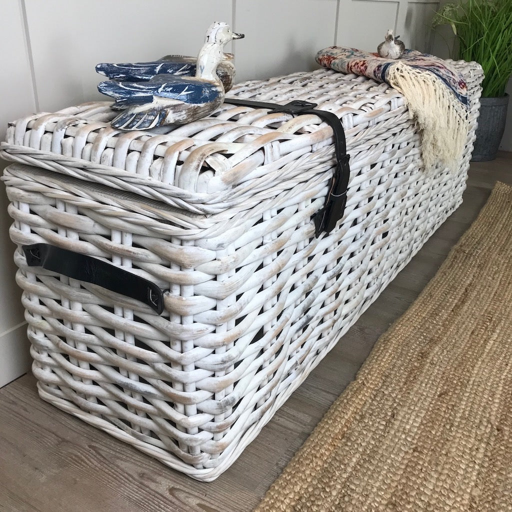 Handcrafted White Large Trunk Ottoman Storage Bench