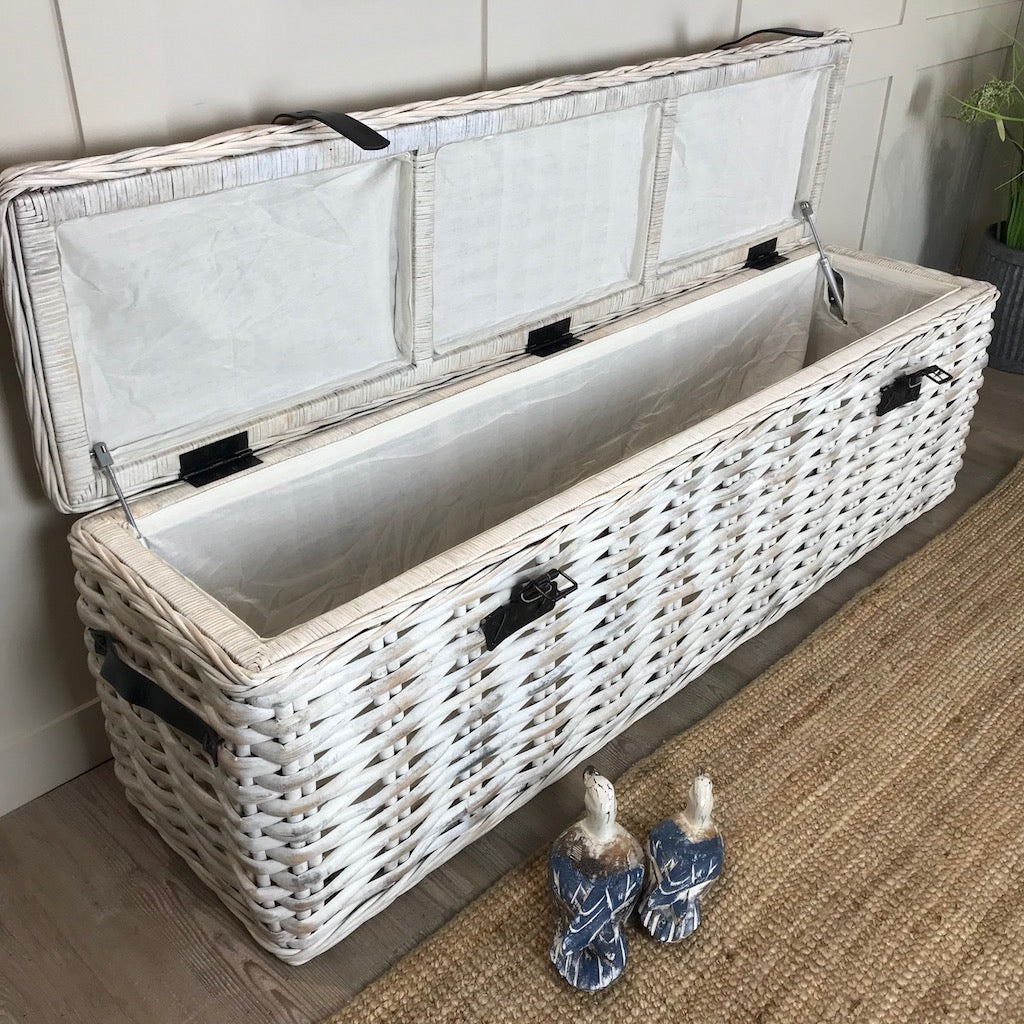 Handcrafted White Large Trunk Ottoman Storage Bench